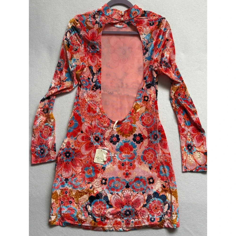 Free People Floral Velvet Mock Neck Open Back Mini Dress Pink Orange Blue Small